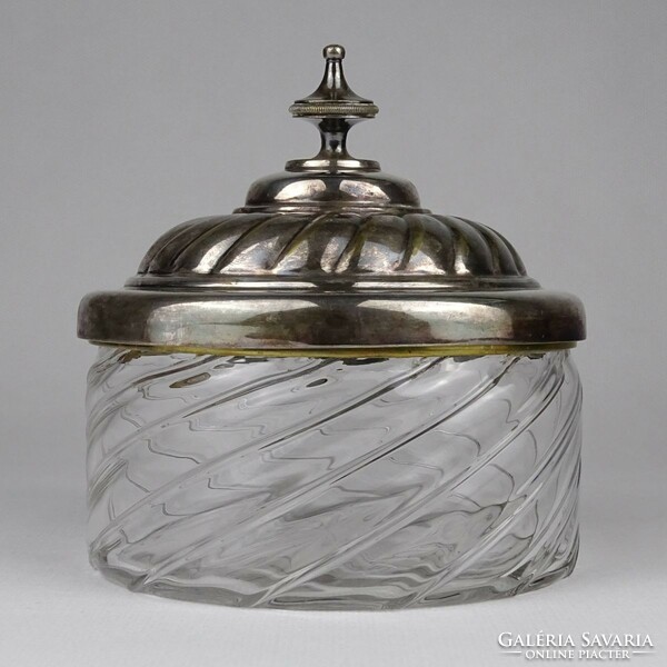 1N334 antique glass sugar bowl with silver-plated lid