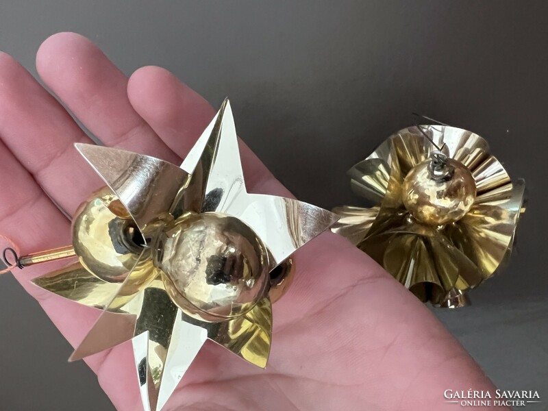 Two old gold glass and foil Christmas tree ornaments