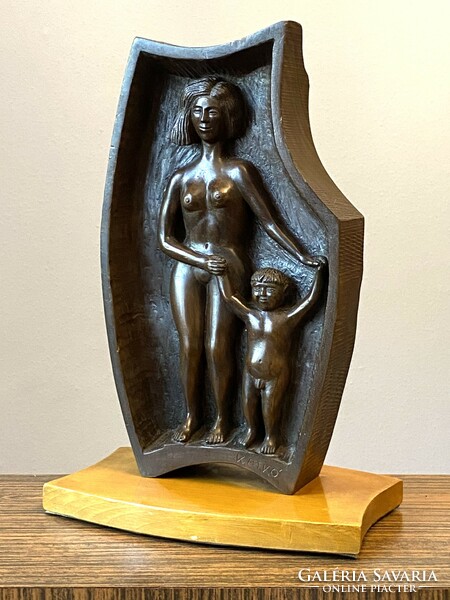 Writer István Katkó (1923-2000) mother and son child nude female nude carved wooden sculpture marked