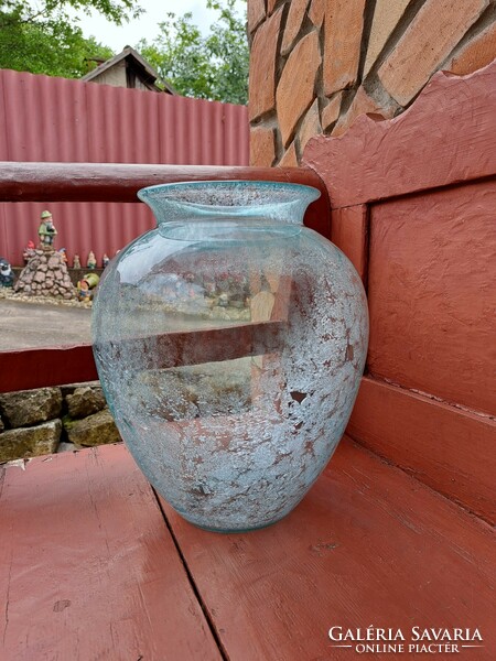 Retro türkisz kék váza repesztett Gyönyörű  Fátyolüveg fátyol karcagi berekfürdői üveg