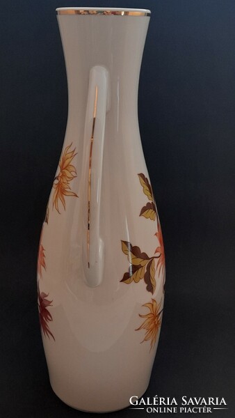 Hollóházi porcelán nagyméretű füles váza, dália mintával, 36 cm