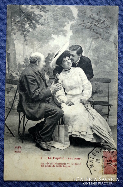 From a series of 4 antique romantic humorous photo postcards - old man, young woman, seductive