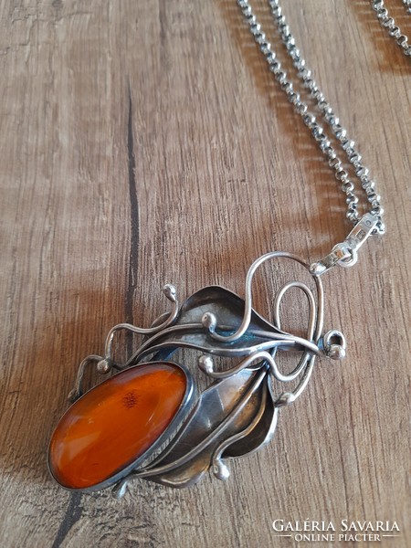 Old Polish Artisan Art Nouveau silver chain and pendant with amber