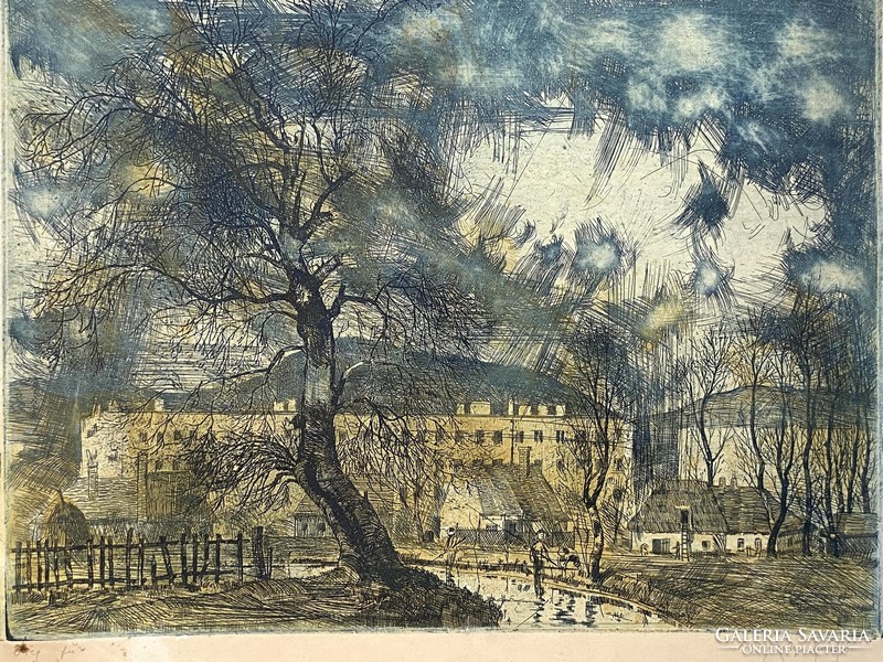 László Lukovszky (1922-1981) old trees marked copper etching, perhaps kazincbarcika
