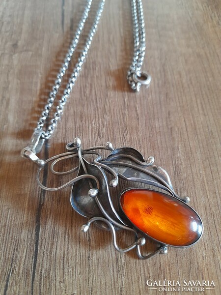 Old Polish Artisan Art Nouveau silver chain and pendant with amber