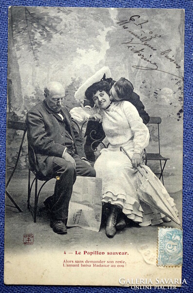 4db Antik romantikus humoros fotó képeslap sorozatból  - idős úr ,fiatalasszony , csábító