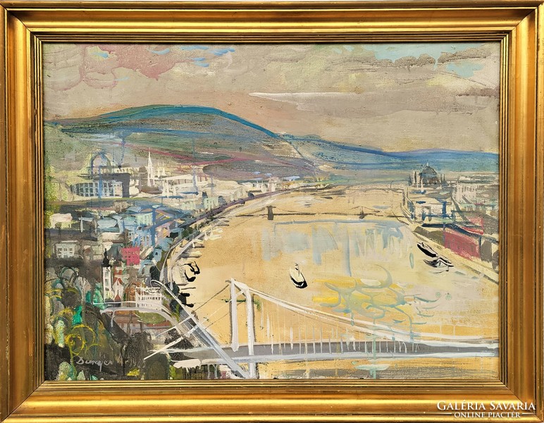 Attila Demjén's (1926 - 1973) view of Budapest in 1965. Gallery painting with original guarantee!