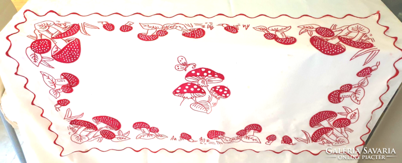 (5) Very old embroidered mushroom tablecloth/wall protector 92cm x 54cm