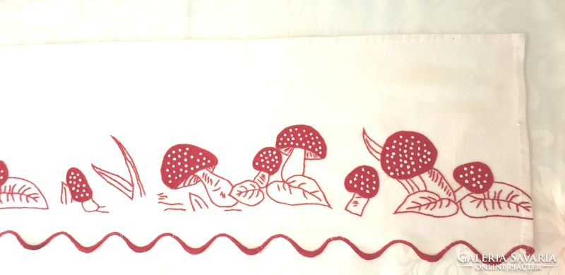 (2) Very old embroidered mushroom tablecloth 83 cm x 21 cm