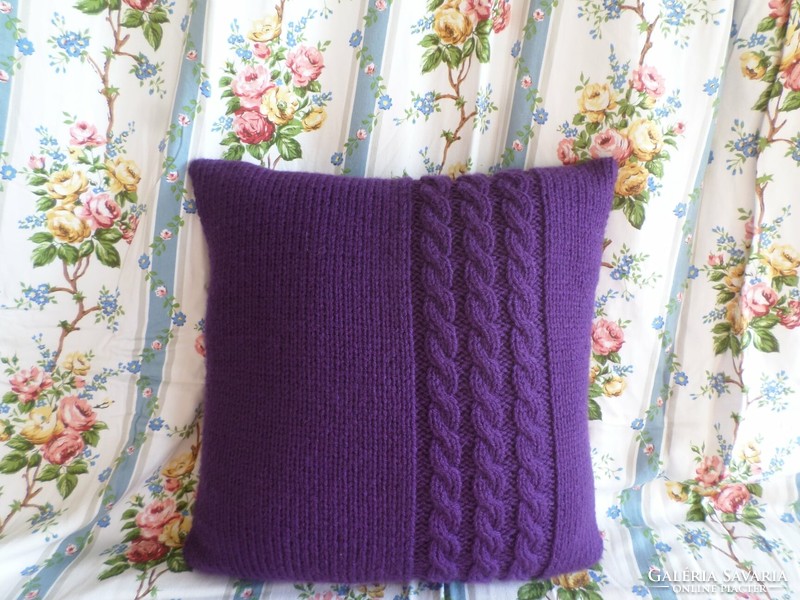Eggplant purple handmade knitted pillow.