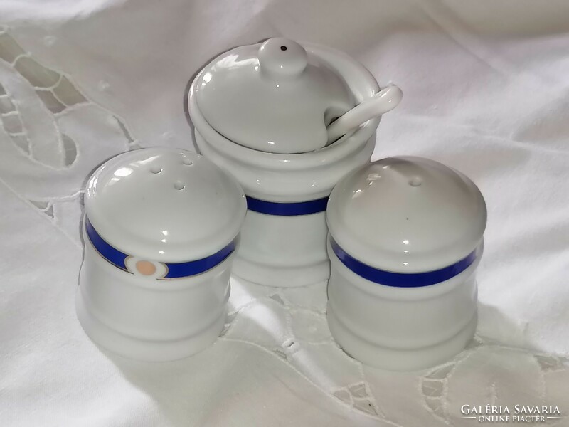 Blue-gold striped spice holder set, with porcelain spoon