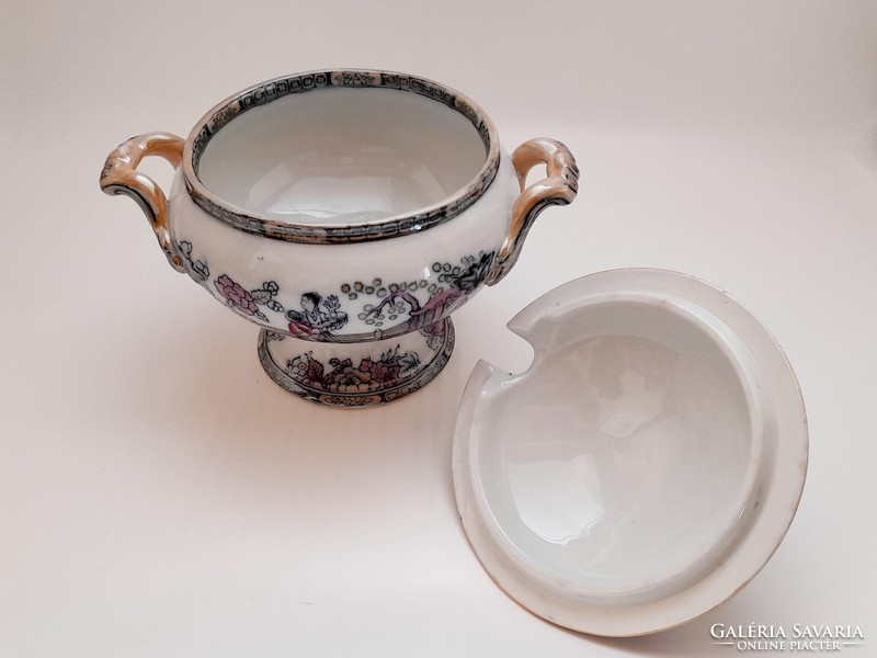Bates Walker & Co. Burslem angol kínaizáló porcelán fedeles tál, kínáló, szószos