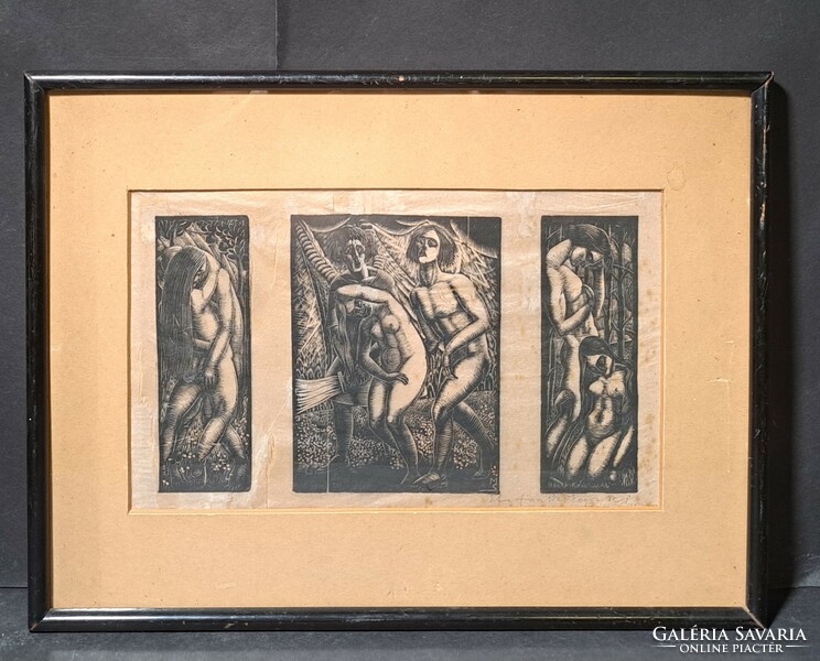 Adam and Eve (1928) triptych woodcut - Polish graphic artist Stefan Mrozewski - biblical scenes