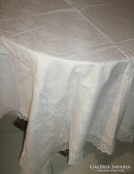 Beautiful antique tulip madeira white damask tablecloth with lace edge