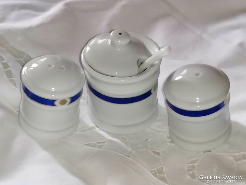 Blue-gold striped spice holder set, with porcelain spoon