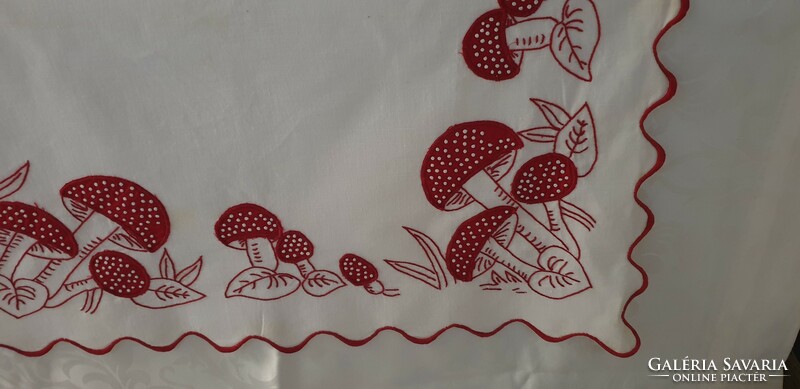 (6) Very old embroidered mushroom tablecloth 56 cm x 54 cm