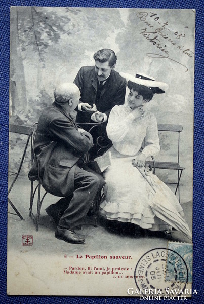4db Antik romantikus humoros fotó képeslap sorozatból  - idős úr ,fiatalasszony , csábító