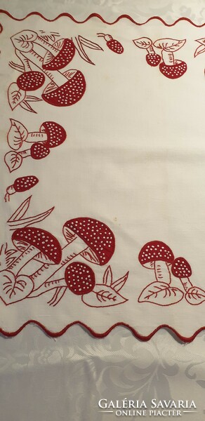 (7) Very old embroidered mushroom tablecloth 55 cm x 55 cm