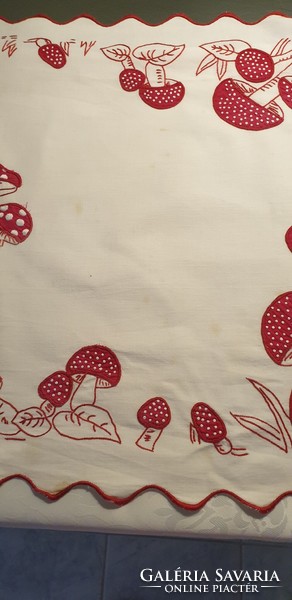 (5) Very old embroidered mushroom tablecloth/wall protector 92cm x 54cm