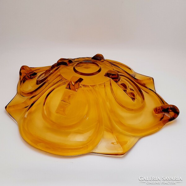Borostyán színű art deco üveg asztalközép, kínáló, 32,5 cm