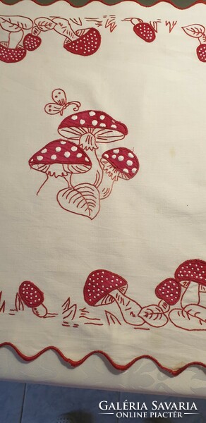 (5) Very old embroidered mushroom tablecloth/wall protector 92cm x 54cm