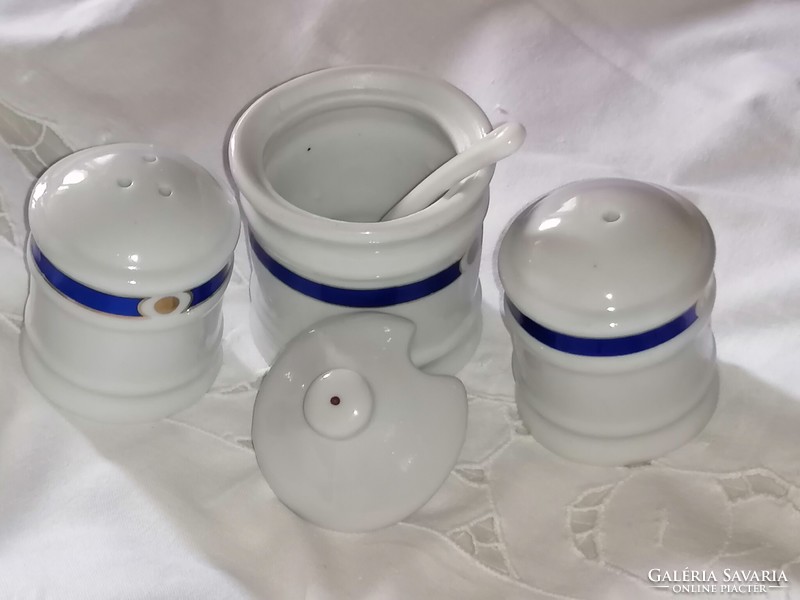 Blue-gold striped spice holder set, with porcelain spoon