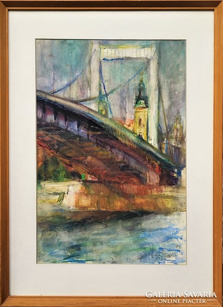 Juhász Erika (1926 - ) Budapest Erzsébet híd c. festménye Eredeti Garanciával!