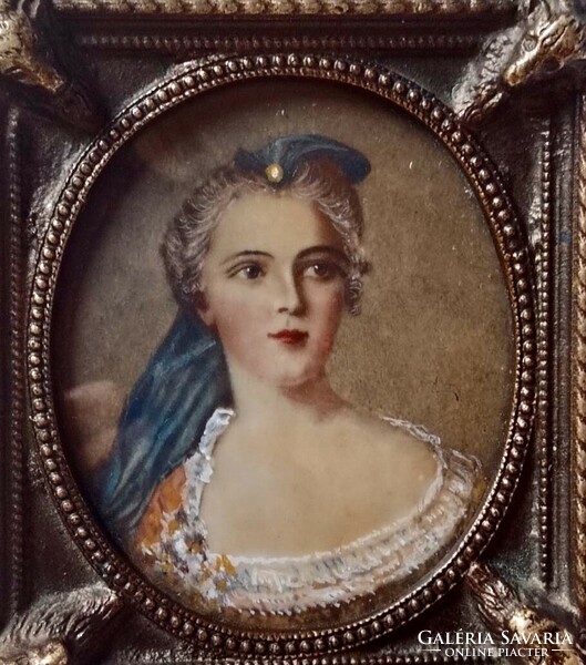 Beautiful baroque Anna Zsófia Saxon princess miniature in a bronze frame! 8X7 cm!!