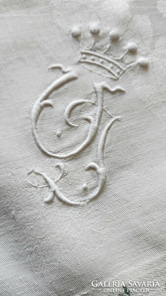 Huge 320 cm Art Nouveau azure damask azure 12 mesh. Tablecloth crown monogram 1908