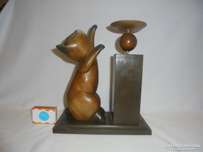 Art deco wooden candle holder with carved wooden cat - 33 cm - handmade