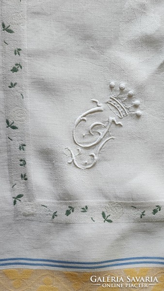 Huge 320 cm Art Nouveau azure damask azure 12 mesh. Tablecloth crown monogram 1908