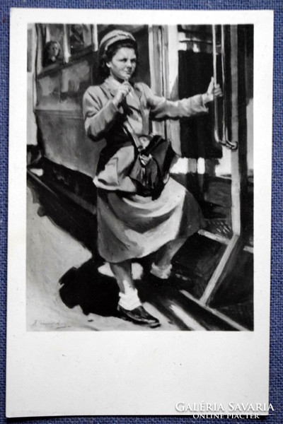 F Gáspár Anni : A füttyös - képeslap    mozdony vasutas hölgy  kalauz