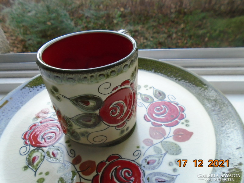 Hand painted majolica tea cup bowl embossed red rose pattern schramberg majolica factory