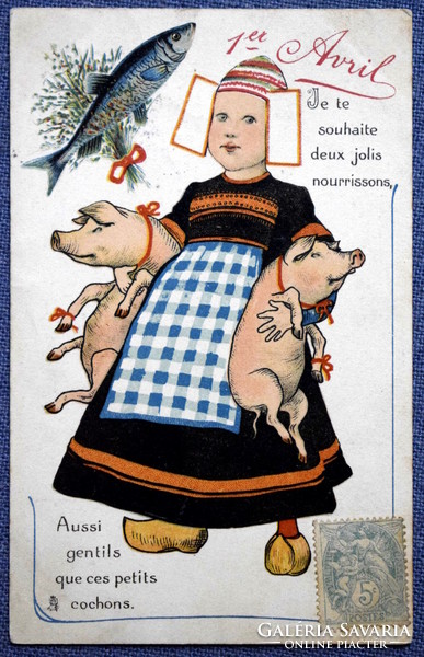 Antique graphic greeting litho postcard - little girl pigs fish April 1.