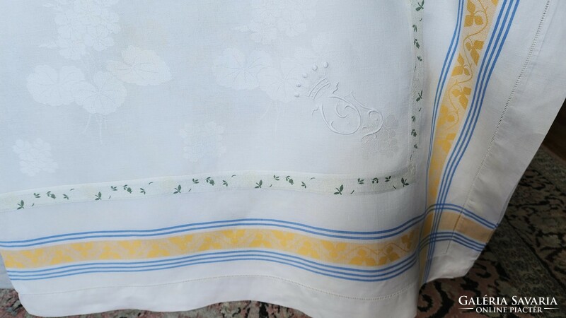 Huge 320 cm Art Nouveau azure damask azure 12 mesh. Tablecloth crown monogram 1908