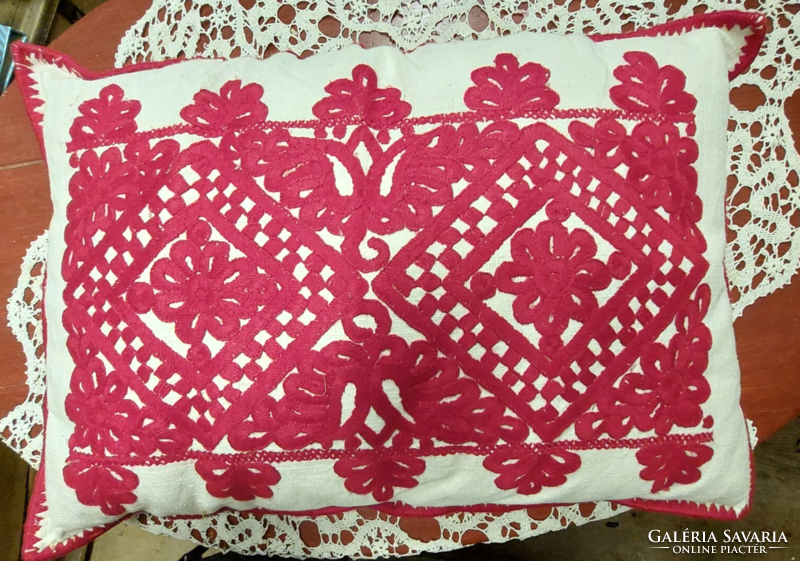 Antique Transylvanian very decorative red hand-embroidered written linen throw pillow, not just a cover!