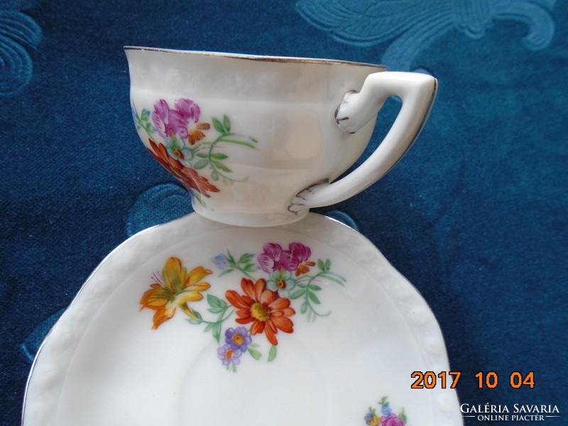 Hand-painted Zsolnay shield seal, Meissen flower pattern, platinum striped coffee cup with coaster