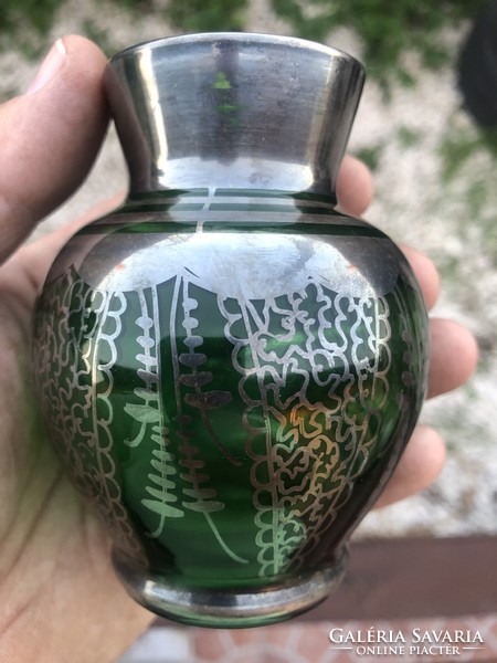 Régi ezüstözött zöld üveg váza Venezia  felirattal