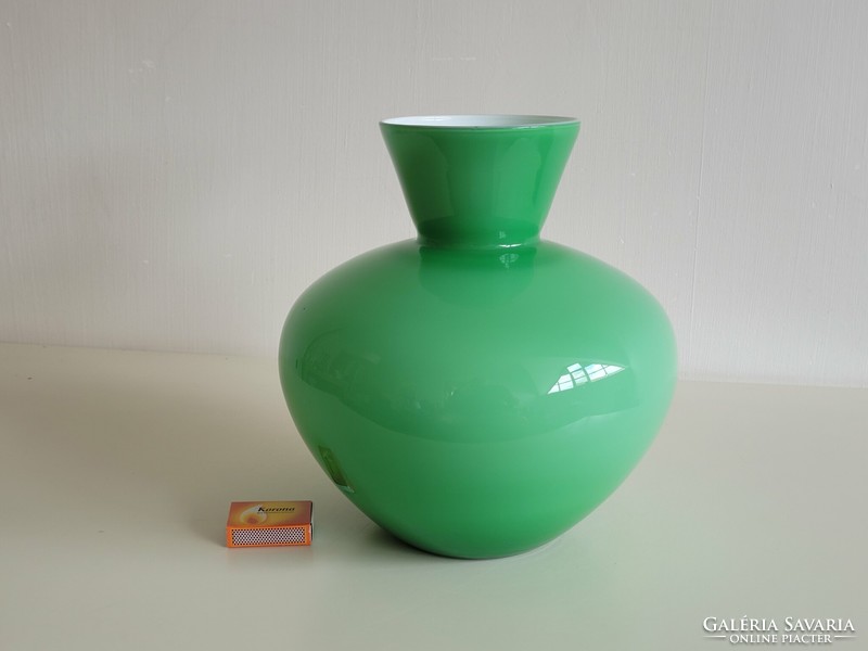 Old retro large size green white glass vase mid century glass vase