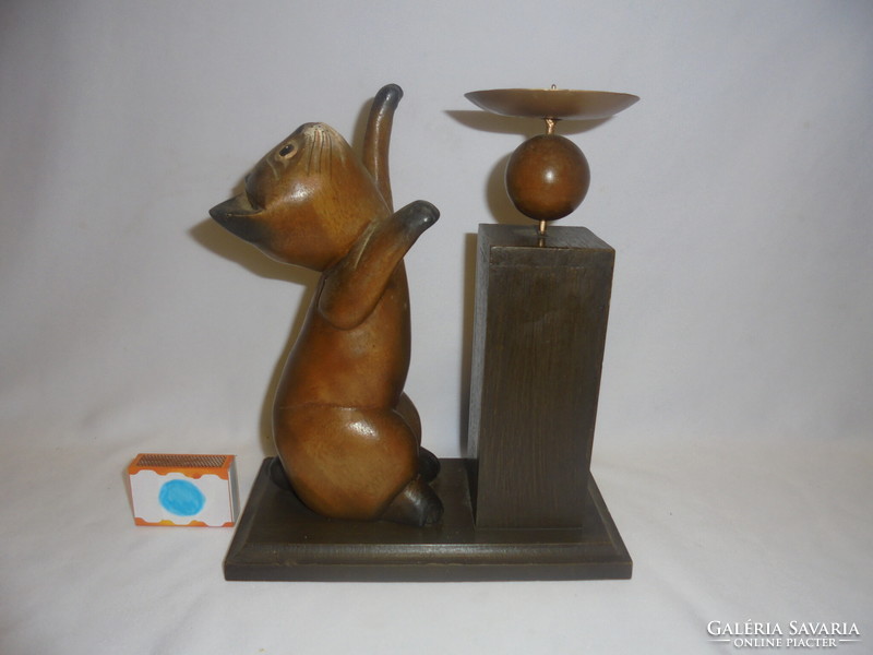 Art deco wooden candle holder with carved wooden cat - 33 cm - handmade