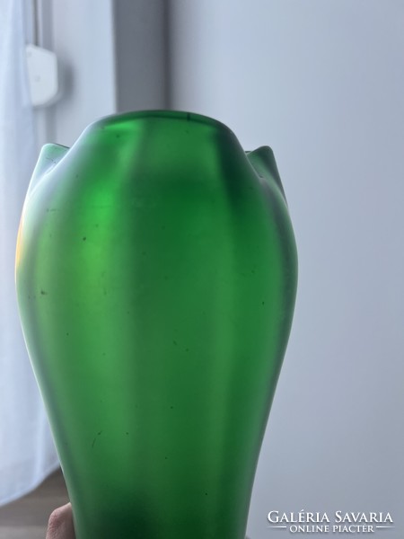 Théodore Legras (1839-1916) szecessziós art nouveau zöld üveg váza Loetz?
