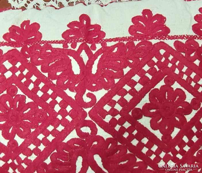 Antique Transylvanian very decorative red hand-embroidered written linen throw pillow, not just a cover!