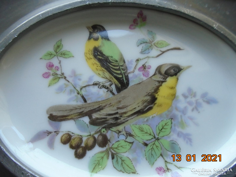 Barokk német jelzett Baecher nehéz ón rámában ovális Schwarzenhammer porcelán kép színes madarakkal