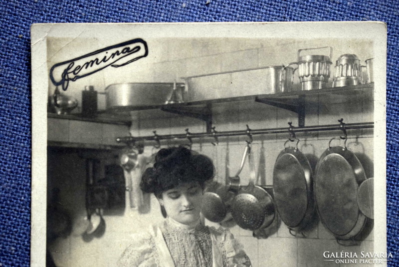 Antique photo postcard - lady making chocolate foam, kitchen, copper utensils