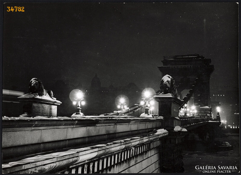 Larger size, photographic artwork by István Szendrő, illuminated chain bridge, winter, 1930s. Ere