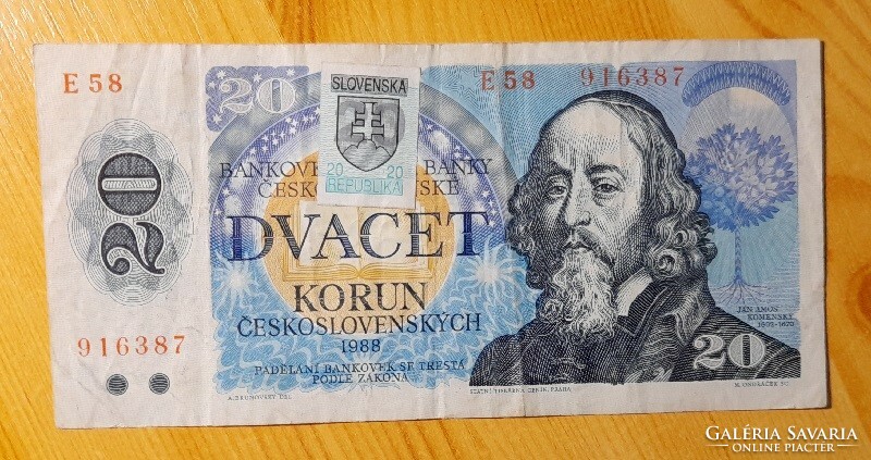 Csehszlovák 20 korona 1988 szlovák bélyeggel (1993)