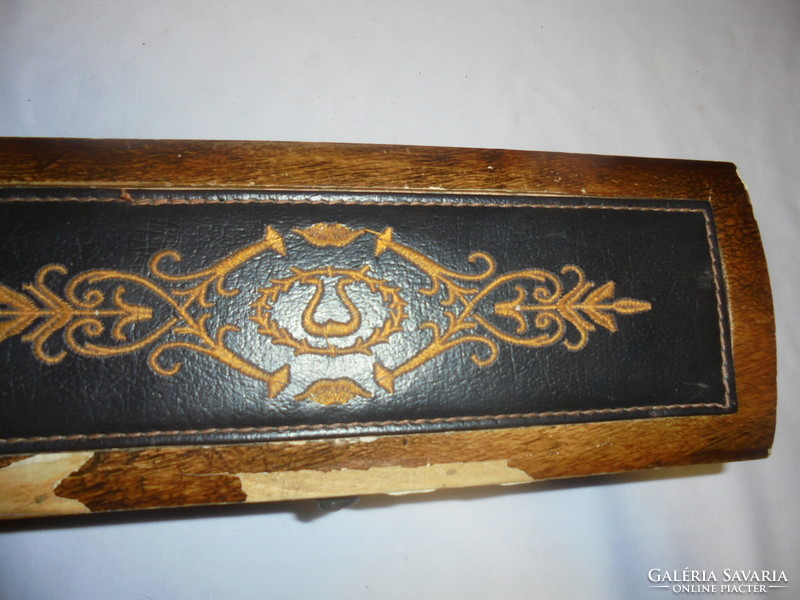 Old wooden box with embroidered leather or artificial leather decoration - to be renovated