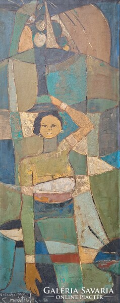 Balinese woman with a basket on her head - huge cubist oil painting