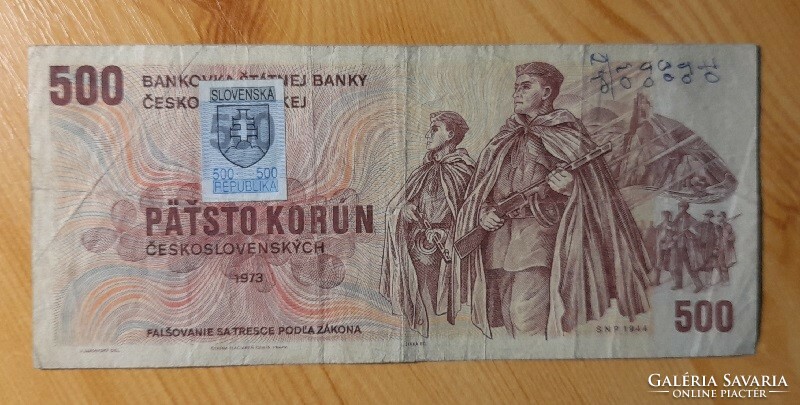 Csehszlovák 500 korona 1973 szlovák bélyeggel (1993)
