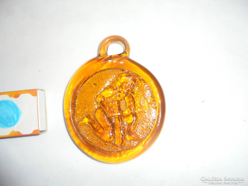 Aquarius - old amber colored glass wall decoration - horoscope